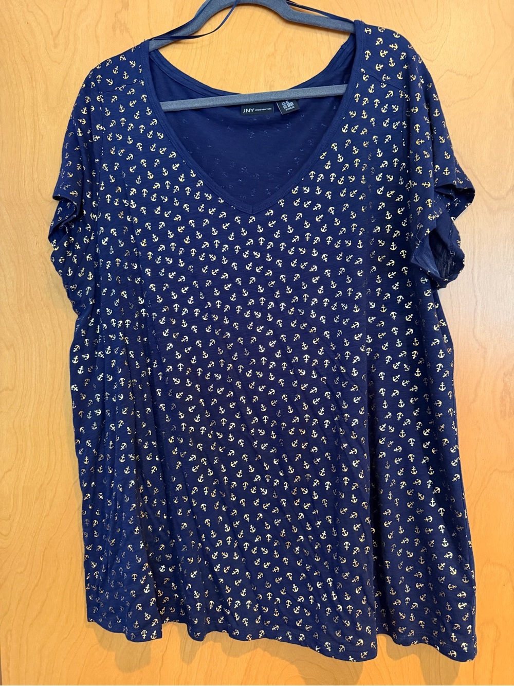 Jones New York Navy V-Neck Metallic Gold Anchor Print Short Sleeve Top